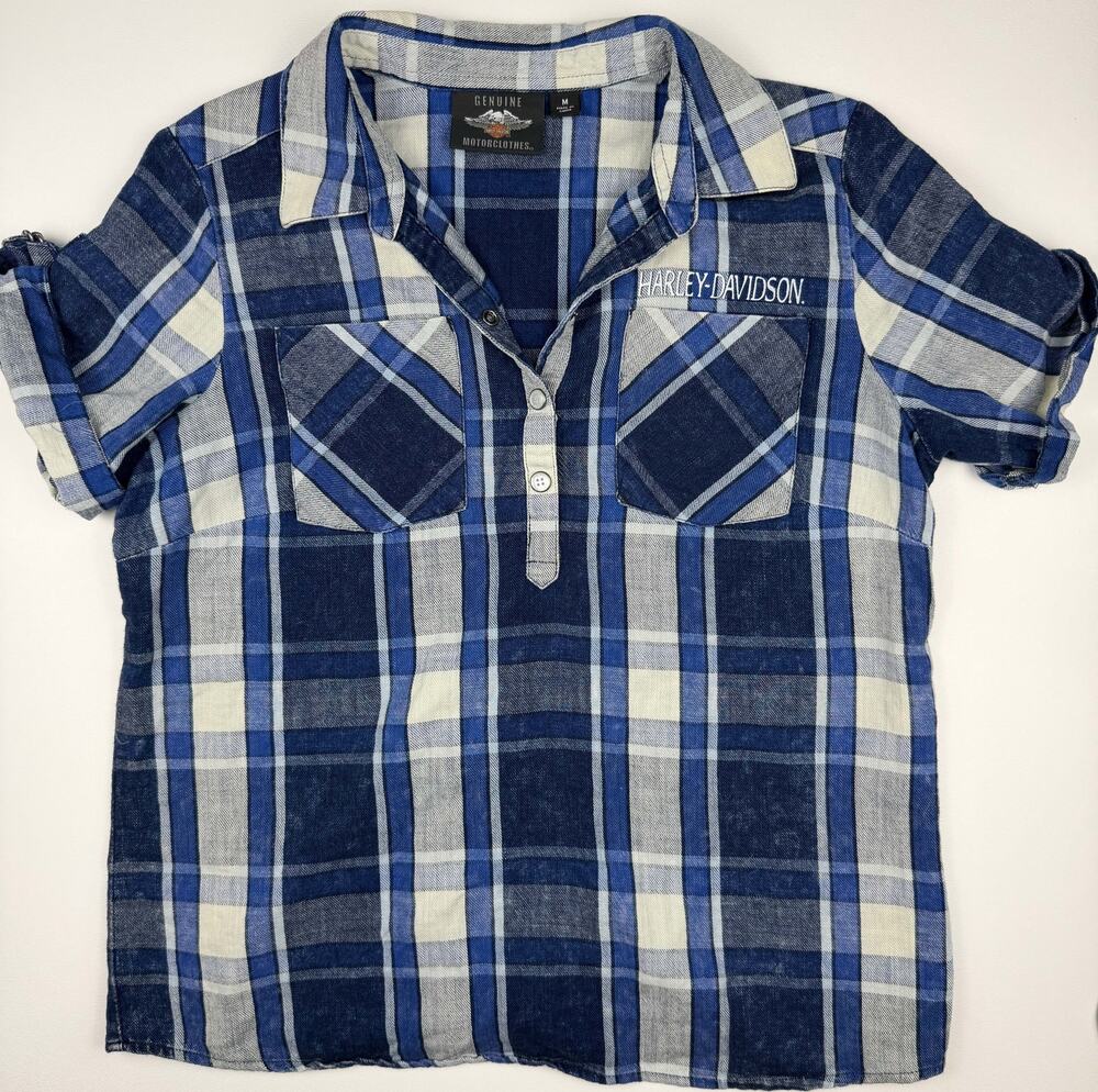Harley-Davidson Women's Blue Plaid Roll Tab Shirt Medium Motorcycle